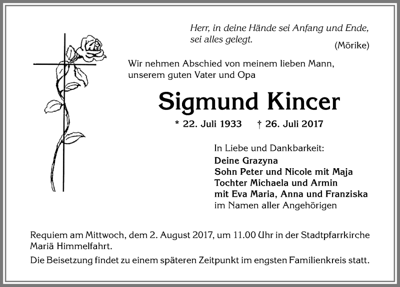  Traueranzeige für Sigmund Kincer vom 29.07.2017 aus Allgäuer Zeitung, Kaufbeuren/Buchloe