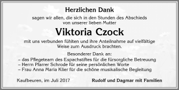 Traueranzeige von Viktoria Czock von Allgäuer Zeitung, Kaufbeuren/Buchloe