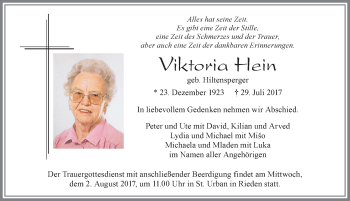 Traueranzeige von Viktoria Hein von Allgäuer Zeitung, Füssen