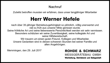 Traueranzeige von Werner Hefele von Memminger Zeitung