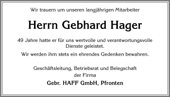 Traueranzeige von Gebhard Hager von Allgäuer Zeitung, Füssen
