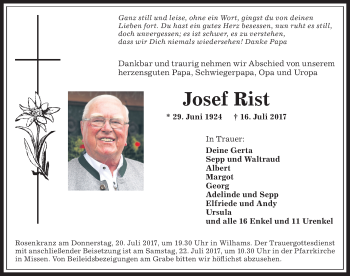 Traueranzeige von Josef Rist von Allgäuer Zeitung