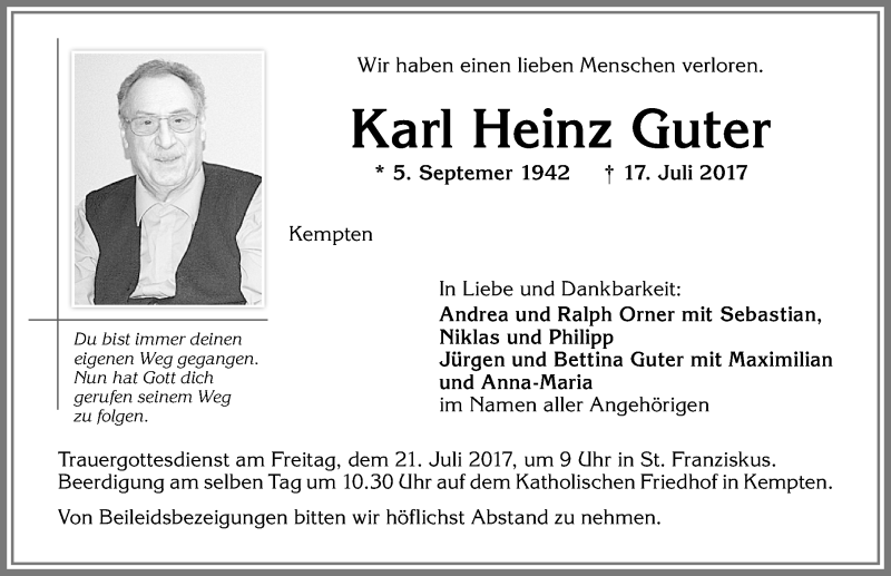  Traueranzeige für Karl Heinz Guter vom 19.07.2017 aus Allgäuer Zeitung,Kempten