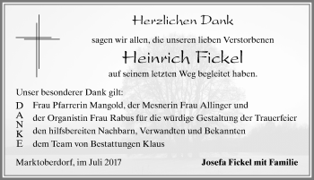 Traueranzeige von Heinrich Fickel von Allgäuer Zeitung, Marktoberdorf