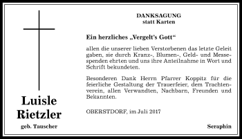 Traueranzeige von Luisle Rietzler von Allgäuer Anzeigeblatt