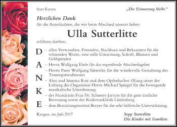 Traueranzeige von Ulla Sutterlitte von Der Westallgäuer