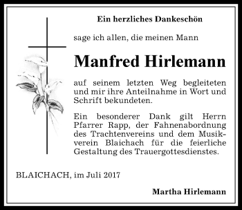 Traueranzeige von Manfred Hirlemann von Allgäuer Anzeigeblatt