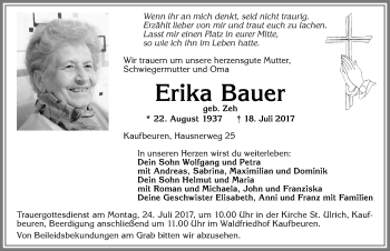 Traueranzeige von Erika Bauer von Allgäuer Zeitung, Kaufbeuren/Buchloe