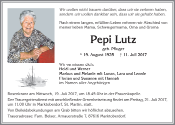 Traueranzeige von Pepi Lutz von Allgäuer Zeitung, Marktoberdorf