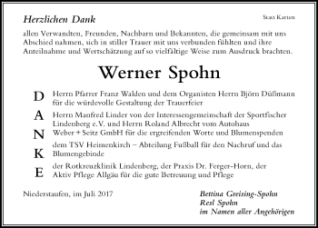 Traueranzeige von Werner Spohn von Der Westallgäuer
