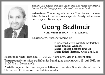 Traueranzeige von Georg Sedlmeir von Allgäuer Zeitung, Kaufbeuren/Buchloe