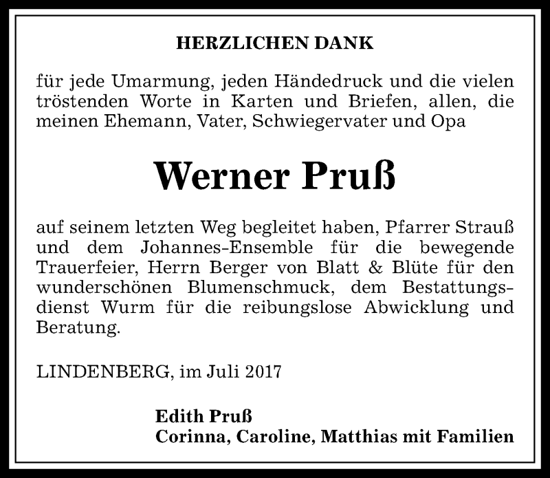  Traueranzeige für Werner Pruß vom 27.07.2017 aus Der Westallgäuer