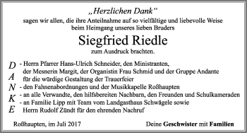 Traueranzeige von Siegfried Riedle von Allgäuer Zeitung, Füssen