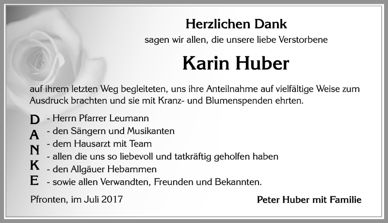  Traueranzeige für Karin Huber vom 17.07.2017 aus Allgäuer Zeitung, Füssen