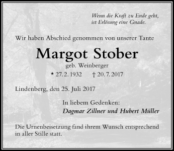 Traueranzeige von Margot Stober von Der Westallgäuer