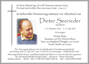 Traueranzeige von Dieter Seerieder von Allgäuer Zeitung, Füssen