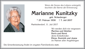Traueranzeige von Marianne Kunitzky von Allgäuer Zeitung, Marktoberdorf