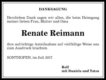Traueranzeige von Renate Reimann von Allgäuer Anzeigeblatt