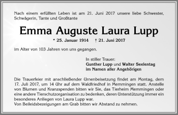Traueranzeige von Emma Auguste Laura Lupp von Memminger Zeitung