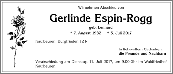 Traueranzeige von Gerlinde Espin-Rogg von Allgäuer Zeitung, Kaufbeuren/Buchloe