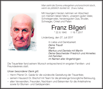 Traueranzeige von Franz Bilgeri von Der Westallgäuer