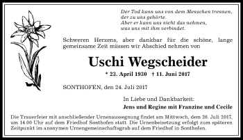 Traueranzeige von Uschi Wegscheider von Allgäuer Anzeigeblatt