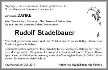 Traueranzeige von Rudolf Stadelbauer von Allgäuer Zeitung, Kaufbeuren/Buchloe