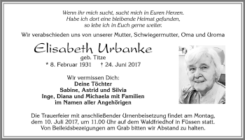 Traueranzeige von Elisabeth Urbanke von Allgäuer Zeitung, Füssen