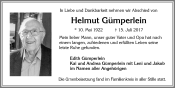 Traueranzeige von Helmut Gümperlein von Allgäuer Zeitung, Füssen