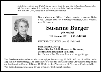 Traueranzeige von Susanne Burger von Allgäuer Anzeigeblatt