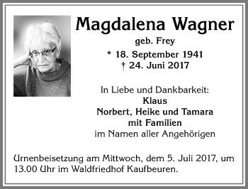 Traueranzeige von Magdalena Wagner von Allgäuer Zeitung, Kaufbeuren/Buchloe