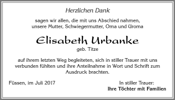 Traueranzeige von Elisabeth Urbanke von Allgäuer Zeitung, Füssen