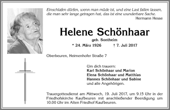 Traueranzeige von Helene Schönhaar von Allgäuer Zeitung, Kaufbeuren/Buchloe