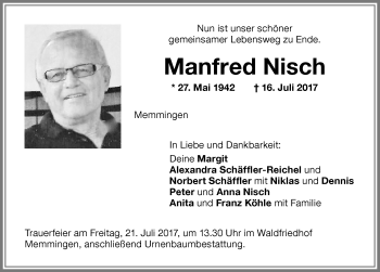 Traueranzeige von Manfred Nisch von Memminger Zeitung