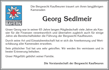 Traueranzeige von Georg Sedlmeir von Allgäuer Zeitung, Kaufbeuren/Buchloe