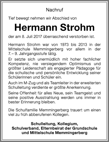Traueranzeige von Hermann Strohm von Memminger Zeitung