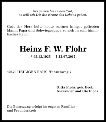 Traueranzeige von Heinz F. W. Flohr von Allgäuer Anzeigeblatt