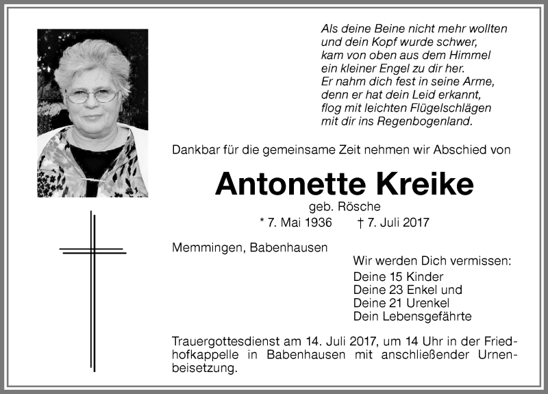  Traueranzeige für Antonette Kreike vom 12.07.2017 aus Memminger Zeitung