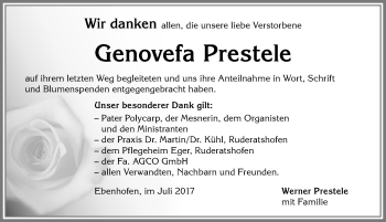 Traueranzeige von Genovefa Prestele von Allgäuer Zeitung, Marktoberdorf