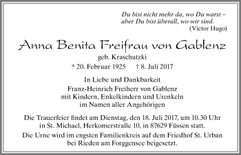 Traueranzeige von Anna Benita Freifrau von Gablenz von Allgäuer Zeitung, Füssen