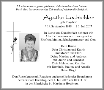 Traueranzeige von Agathe Lochbihler von Allgäuer Zeitung, Füssen