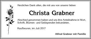 Traueranzeige von Christa Grabner von Allgäuer Zeitung, Kaufbeuren/Buchloe