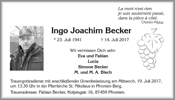 Traueranzeige von Ingo Joachim Becker von Allgäuer Zeitung, Füssen