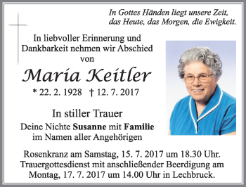 Traueranzeige von Maria Keitler von Allgäuer Zeitung
