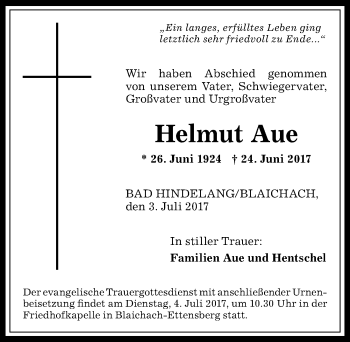 Traueranzeige von Helmut Aue von Allgäuer Anzeigeblatt