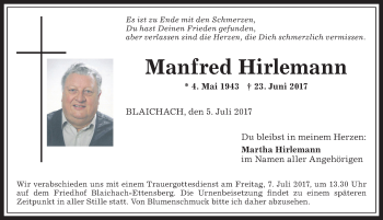 Traueranzeige von Manfred Hirlemann von Allgäuer Anzeigeblatt