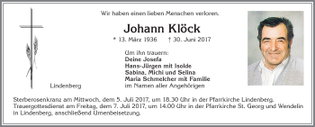 Traueranzeige von Johann Klöck von Allgäuer Zeitung, Kaufbeuren/Buchloe
