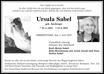 Traueranzeige von Ursula Sabel von Allgäuer Anzeigeblatt