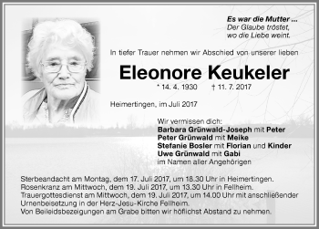 Traueranzeige von Eleonore Keukeler von Memminger Zeitung