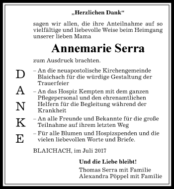 Traueranzeige von Annemarie Serra von Allgäuer Anzeigeblatt